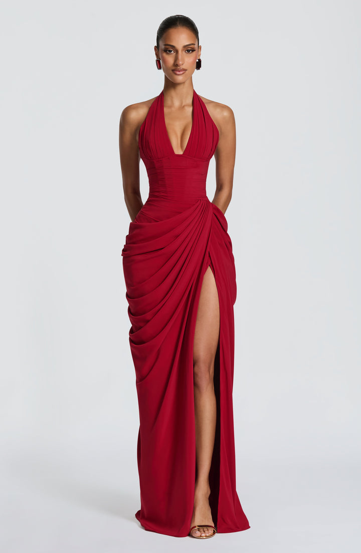 Linde Neckholder-Maxikleid mit Korsett-Oberteil und Chiffonrock