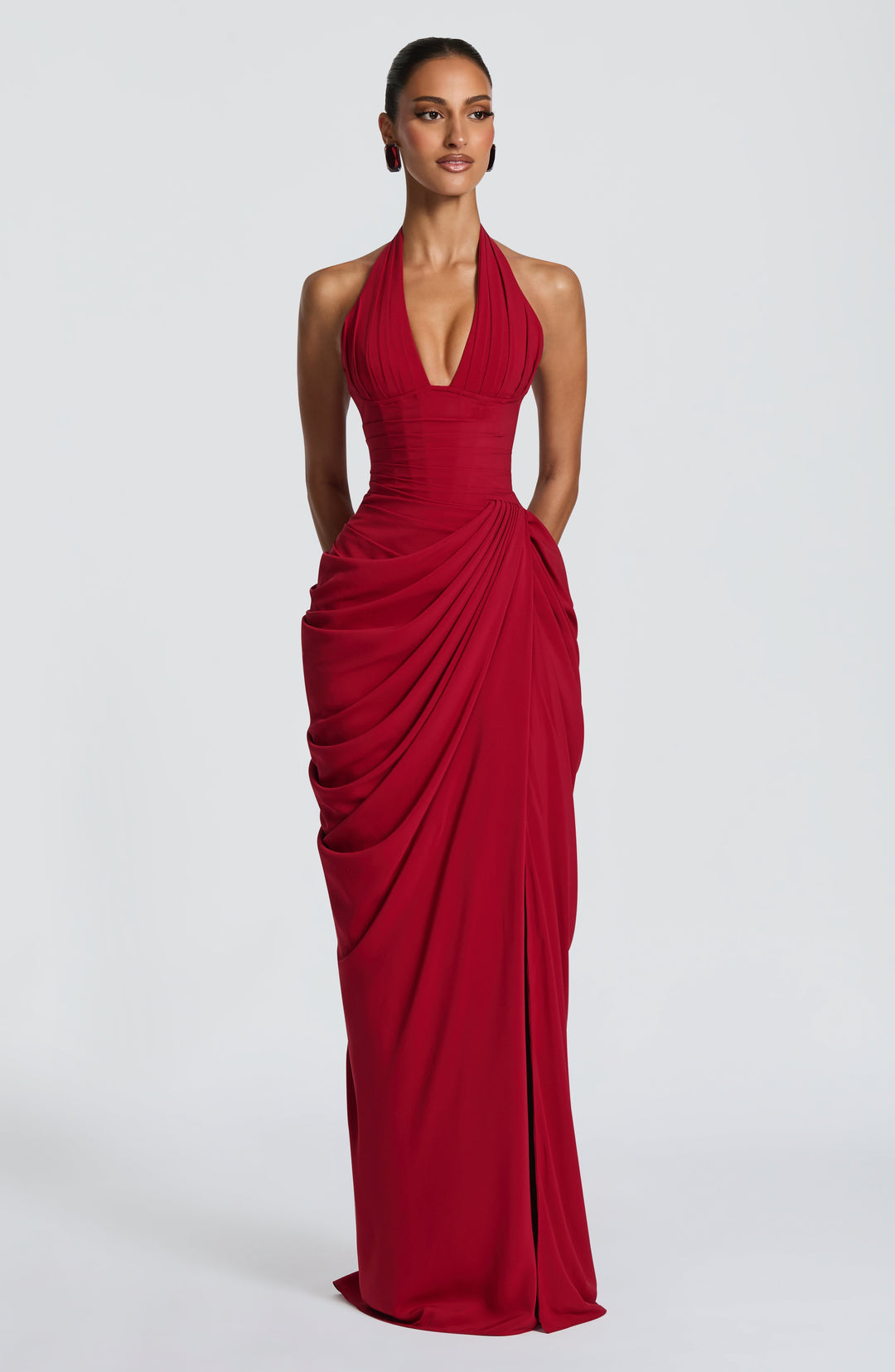 Linde Neckholder-Maxikleid mit Korsett-Oberteil und Chiffonrock