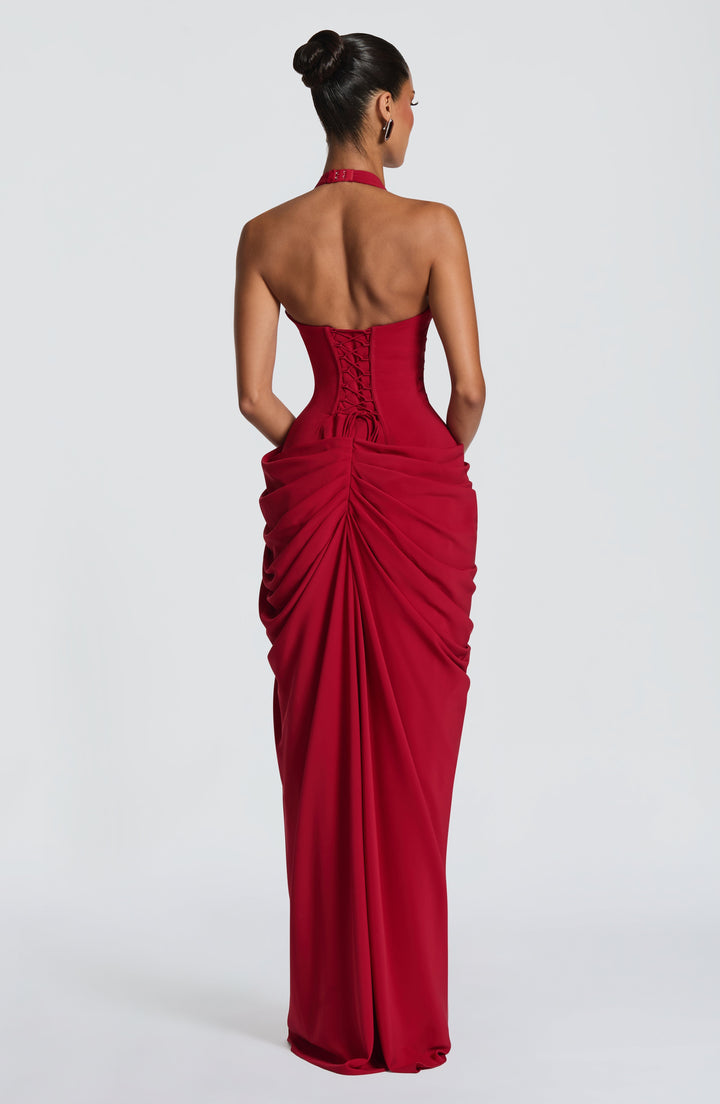 Linde Neckholder-Maxikleid mit Korsett-Oberteil und Chiffonrock