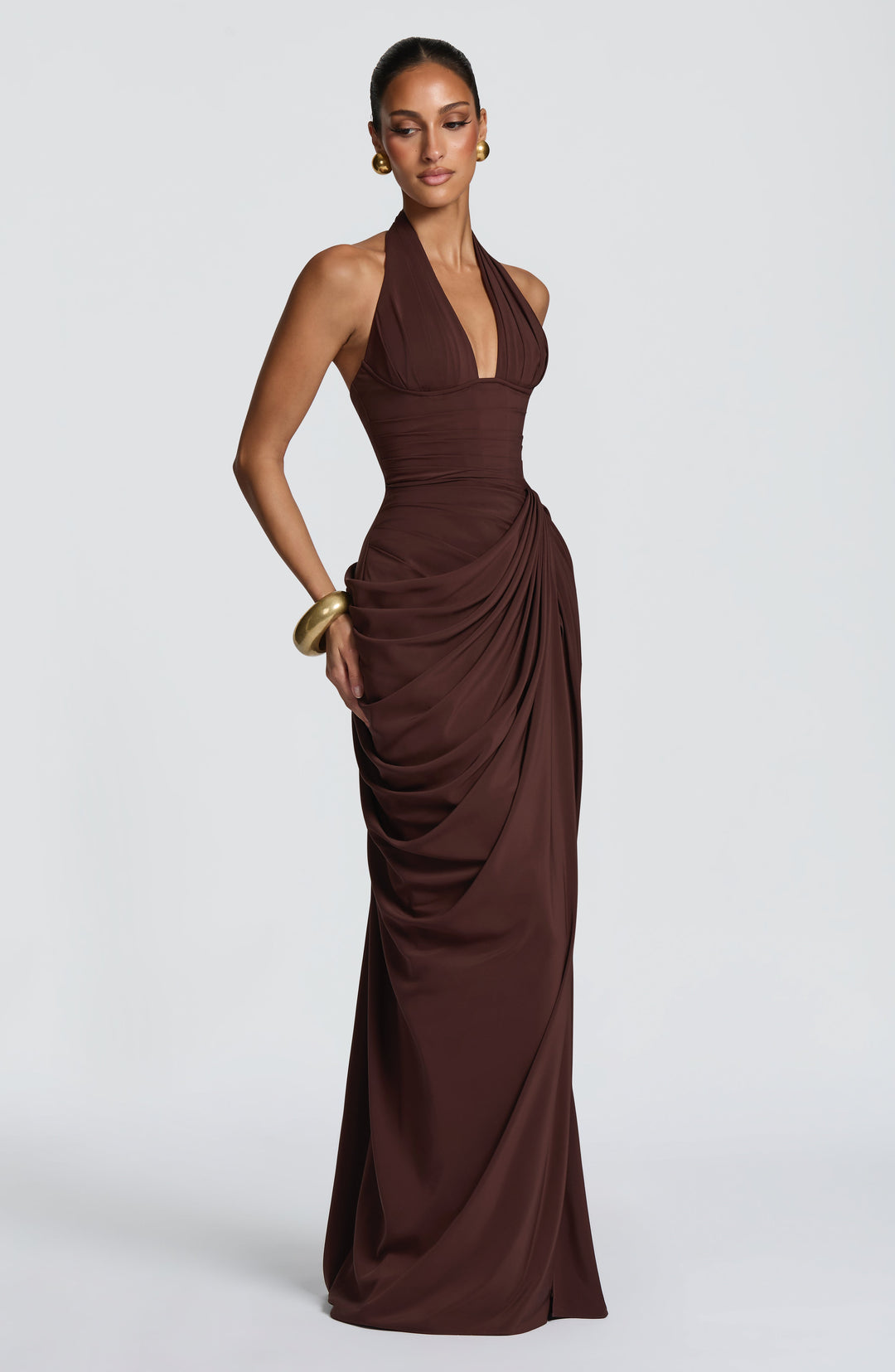 Linde Neckholder-Maxikleid mit Korsett-Oberteil und Chiffonrock