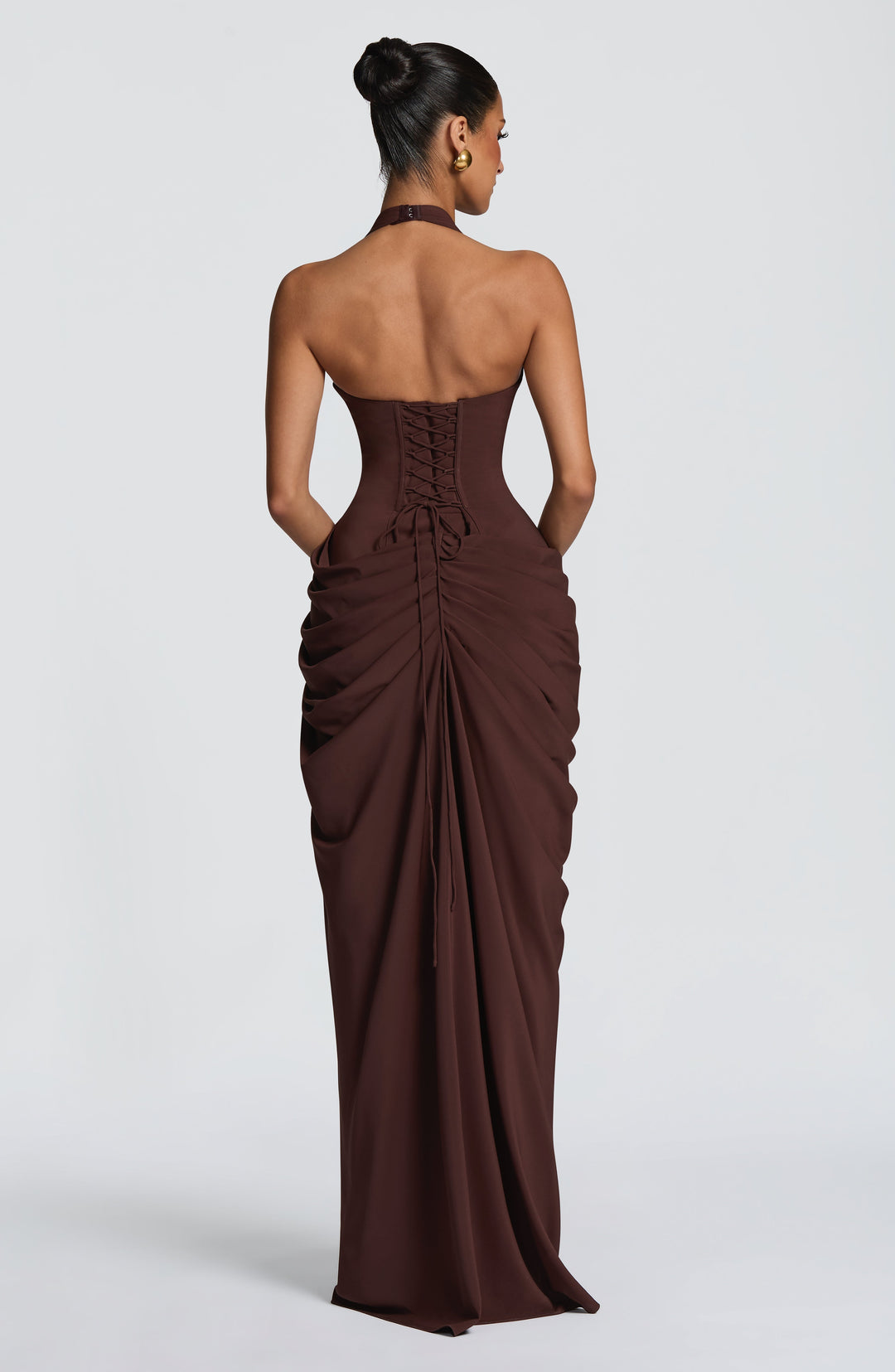 Linde Neckholder-Maxikleid mit Korsett-Oberteil und Chiffonrock