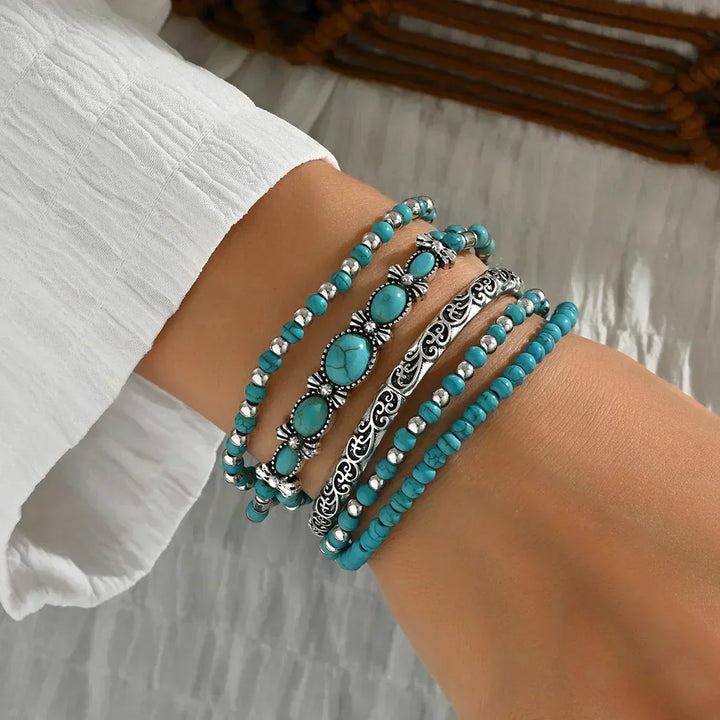 Boho-Armband-Set – 5-teilig, mit türkisfarbenen Perlen