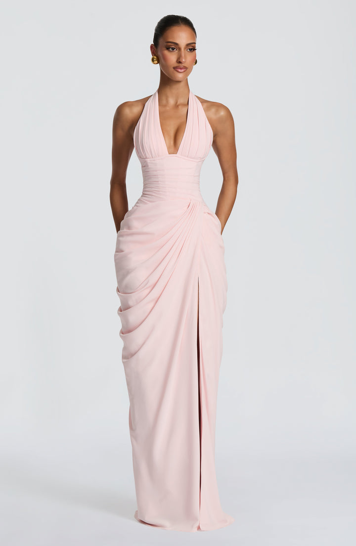 Linde Neckholder-Maxikleid mit Korsett-Oberteil und Chiffonrock
