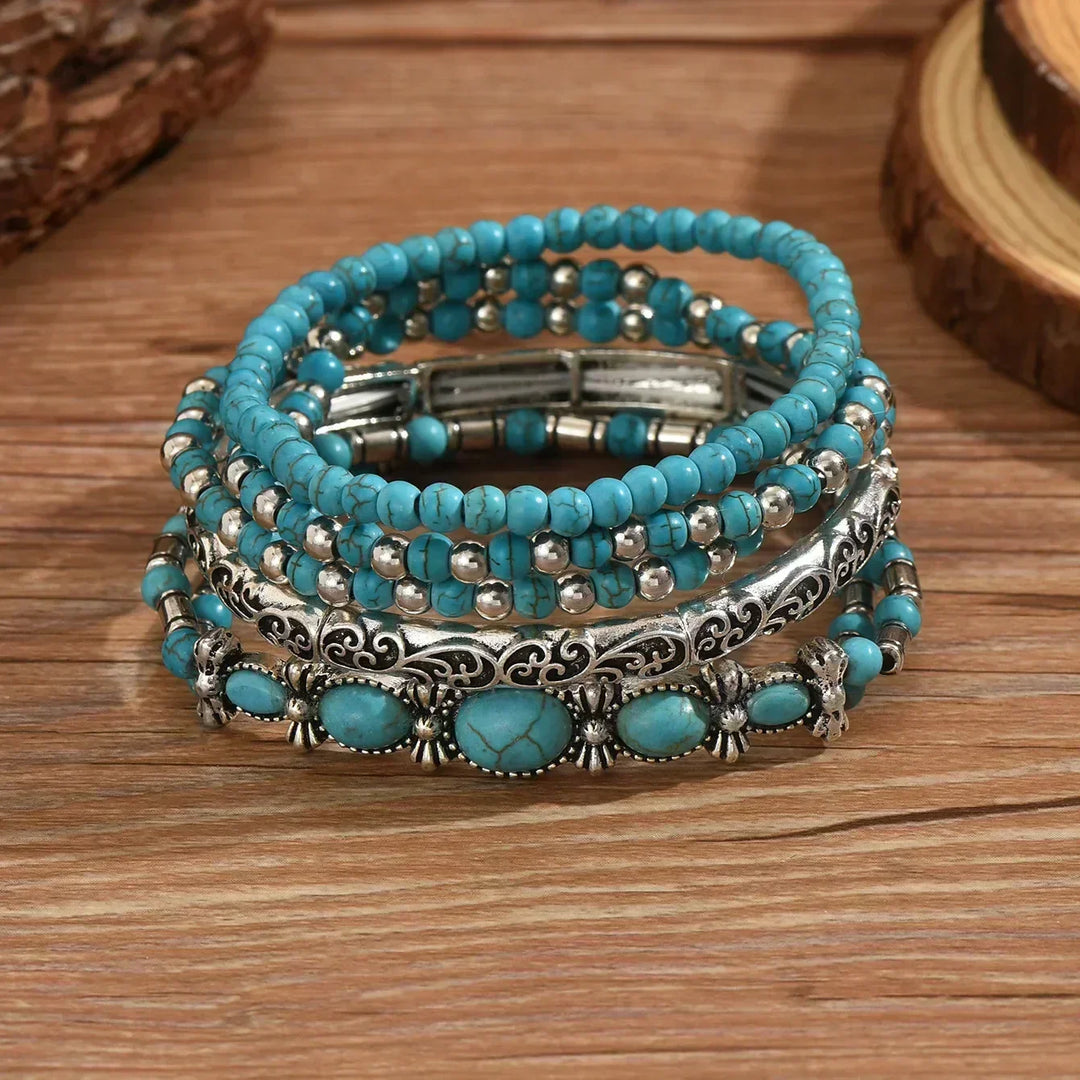 Boho-Armband-Set – 5-teilig, mit türkisfarbenen Perlen