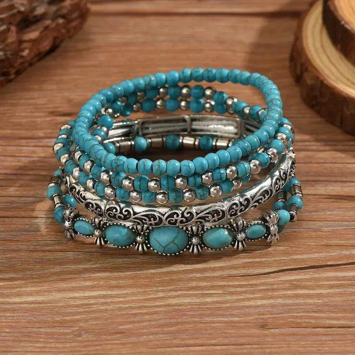 Boho-Armband-Set – 5-teilig, mit türkisfarbenen Perlen