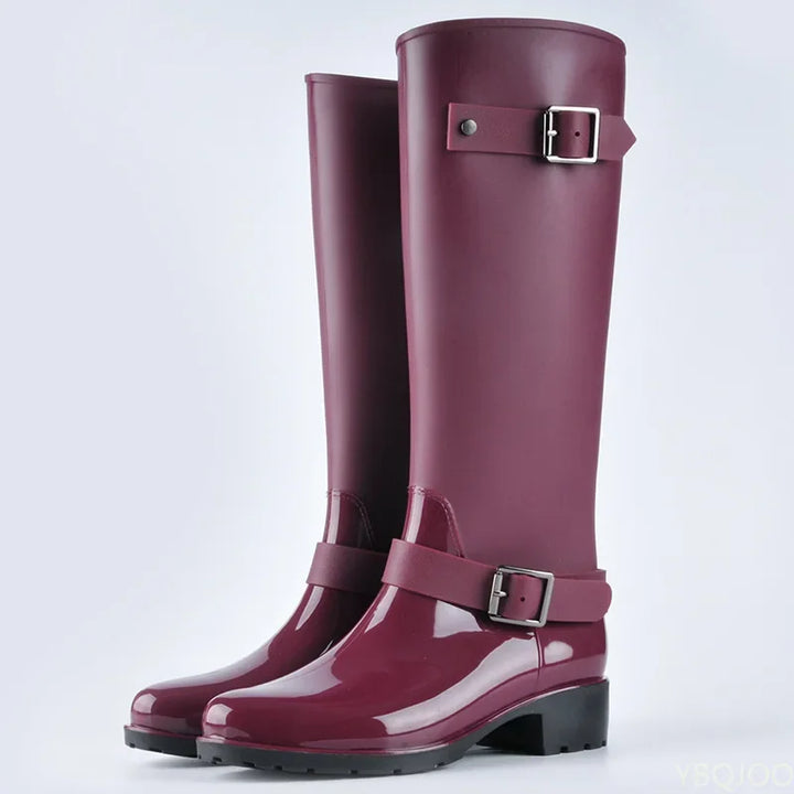 Hohe wasserdichte Damen-Regenstiefel mit Schnallen & Blockabsatz – Elenya