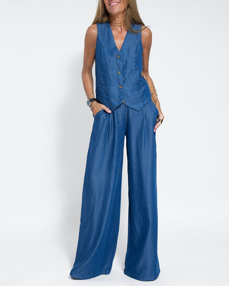 Leinen 2-teiliges Set mit weiter Hose und Weste – Alma