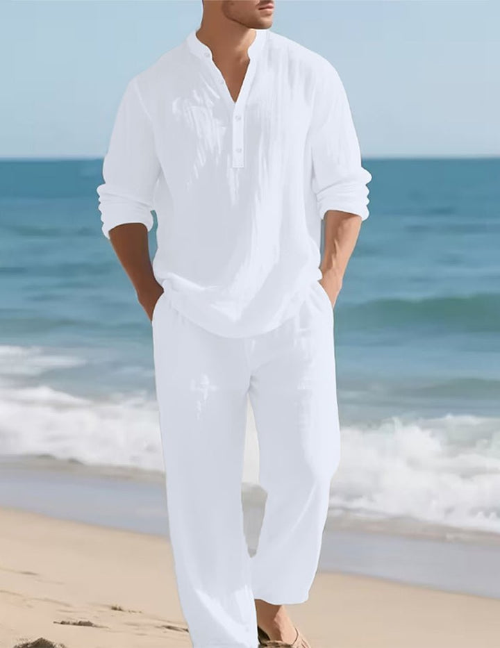 Herren-Leinen-Henley-Hemd und entspannte Hose Zweiteiliges Set
