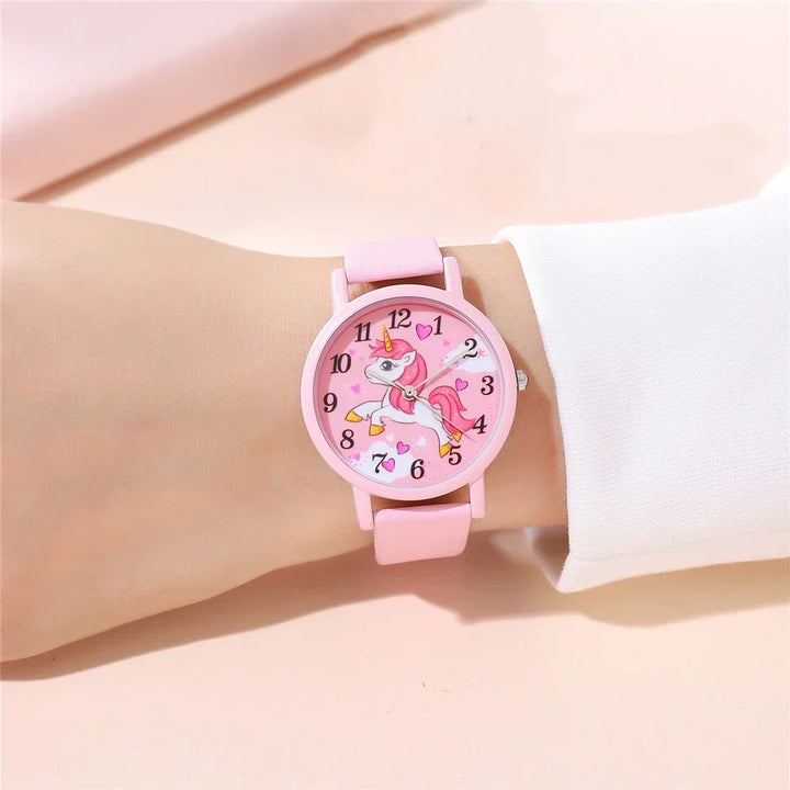 Kinderuhr mit süßem Einhorn – Armband aus PU-Leder und Cartoon-Design