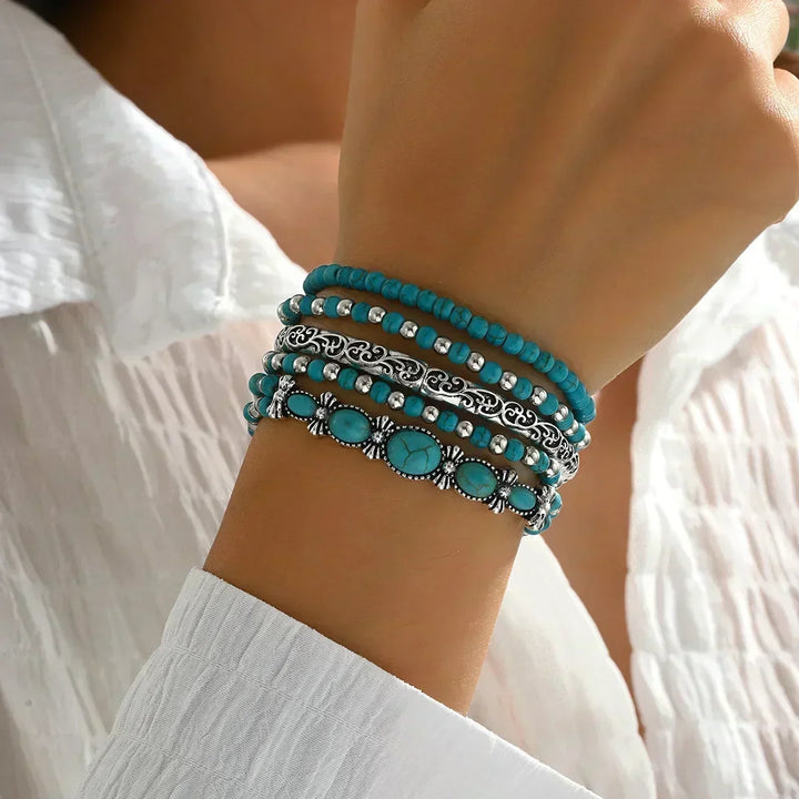 Boho-Armband-Set – 5-teilig, mit türkisfarbenen Perlen