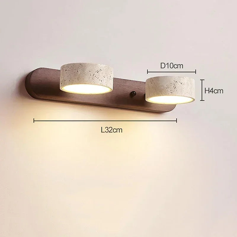 Moderne LED-Wandleuchte mit drehbaren Steinschirmen und Holzsockel