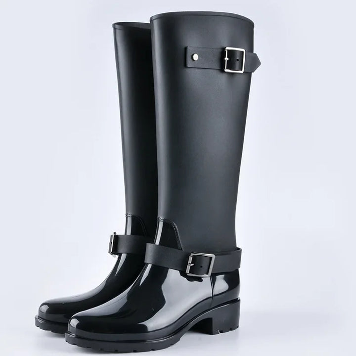 Hohe wasserdichte Damen-Regenstiefel mit Schnallen & Blockabsatz – Elenya