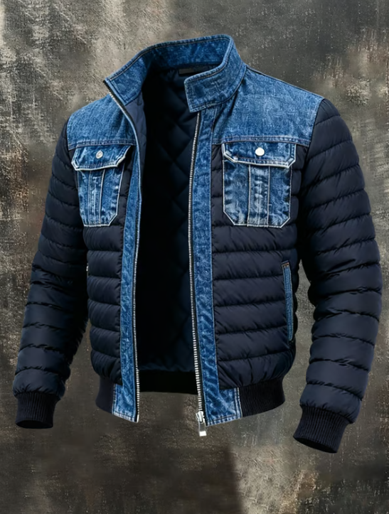 Herren-Jeansjacke mit Stehkragen und Reißverschluss vorne, Blau