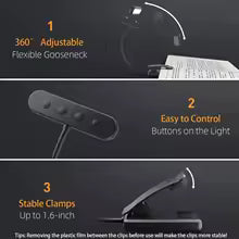 FlexiRead Leselampe | USB-Aufladbar | 3 Lichtfarben und Dimmbar | Klemme und Flexibler Arm