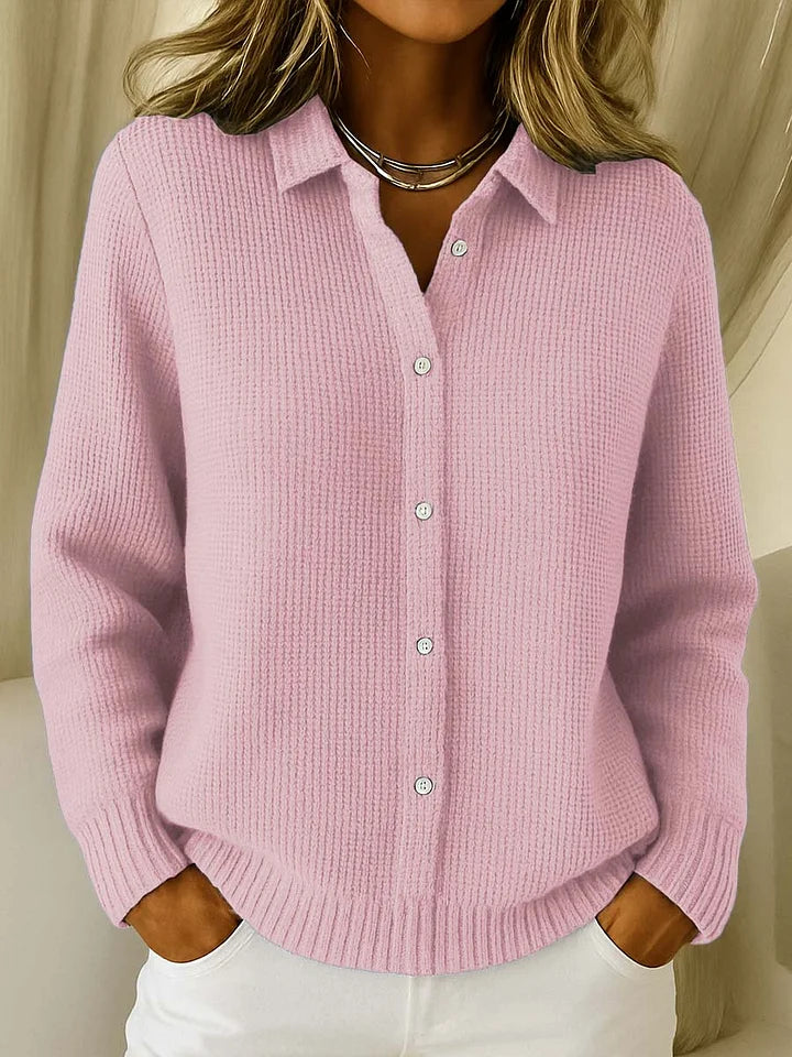 Gestrickter Damen-Polopullover mit Struktur, Kragen und Knopfleiste