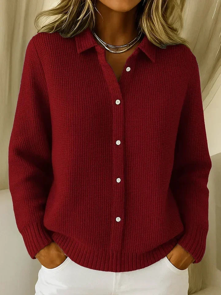 Gestrickter Damen-Polopullover mit Struktur, Kragen und Knopfleiste