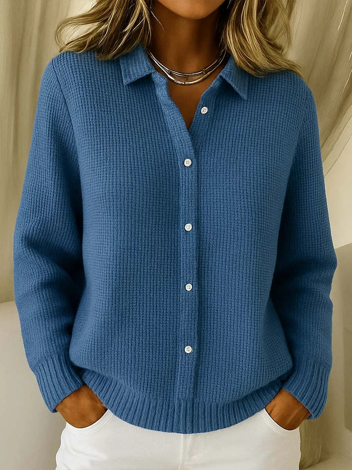 Gestrickter Damen-Polopullover mit Struktur, Kragen und Knopfleiste
