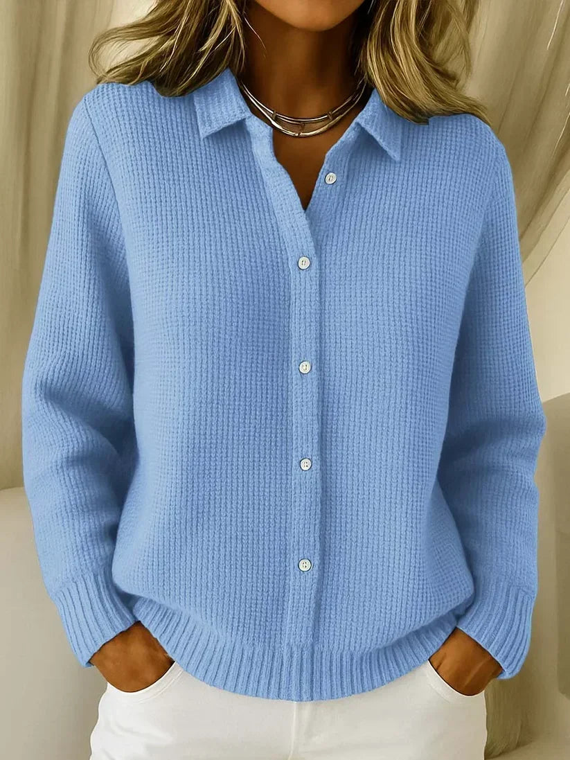 Gestrickter Damen-Polopullover mit Struktur, Kragen und Knopfleiste