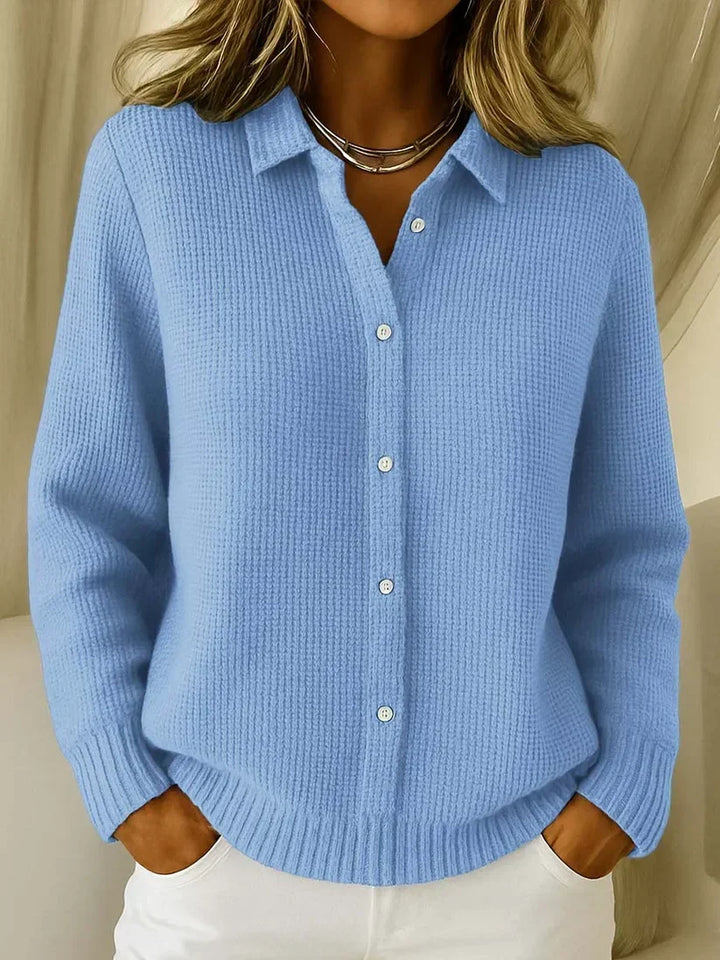 Gestrickter Damen-Polopullover mit Struktur, Kragen und Knopfleiste