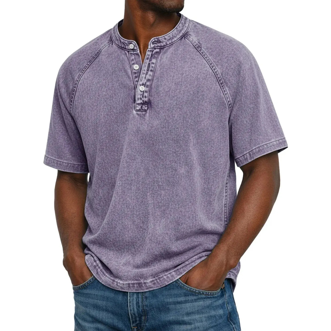 Herren-Kurzarm-Henley | Vintage-gewaschenes T-Shirt mit Knopfleiste