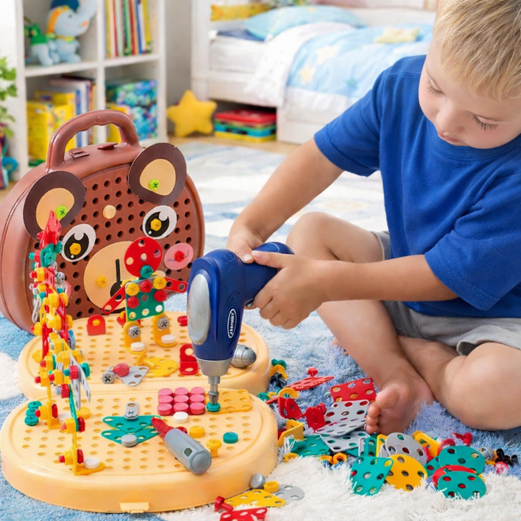 Montessori Werkzeugkasten-Set für Kinder mit Spielzeugbohrer, 204 Teile
