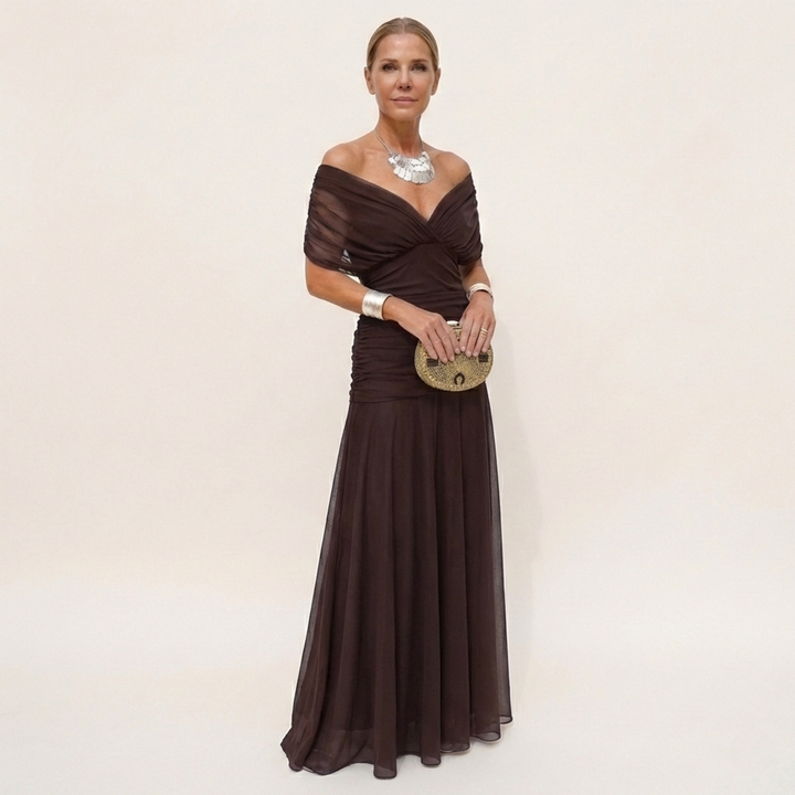 Langes, elegantes, fliessendes Damenkleid – V-Ausschnitt, raffiniertes Design