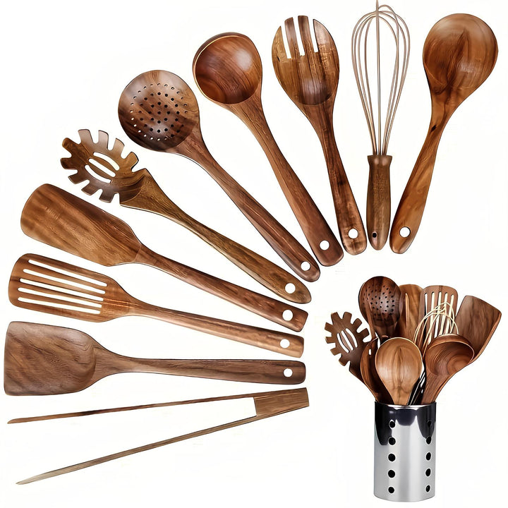 Küchenutensilien-Set aus Teakholz, 11-teilig | Mit Halter | Naturholz