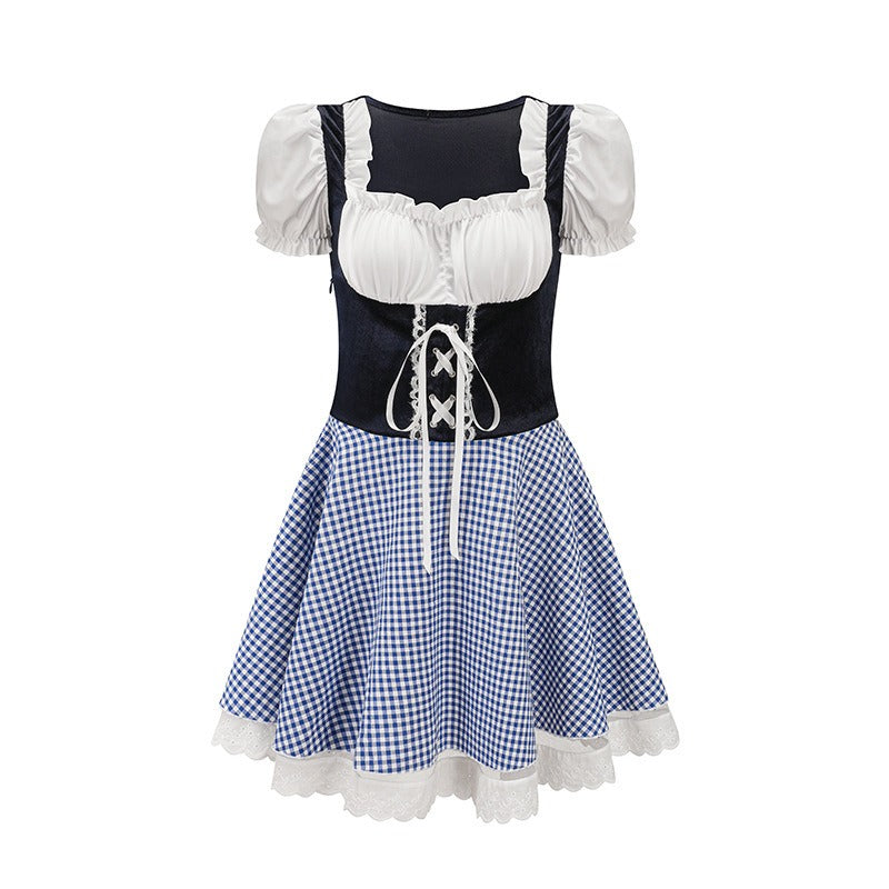 Kurzes Oktoberfest Dirndlkleid mit Karomuster und Spitzenapplikation