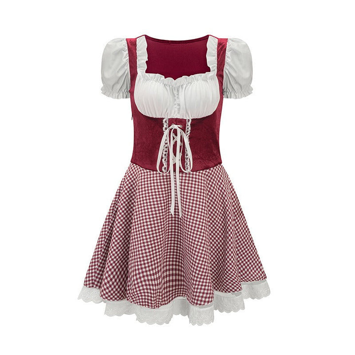 Kurzes Oktoberfest Dirndlkleid mit Karomuster und Spitzenapplikation