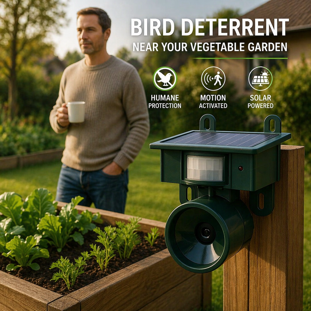 Vogelabwehrgerät | Solarbetriebener Sensor | Natürliche Greifvogel-Rufe | Birdfend