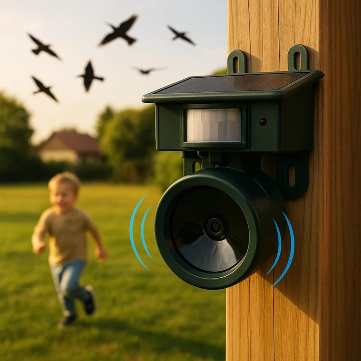 Vogelabwehrgerät | Solarbetriebener Sensor | Natürliche Greifvogel-Rufe | Birdfend