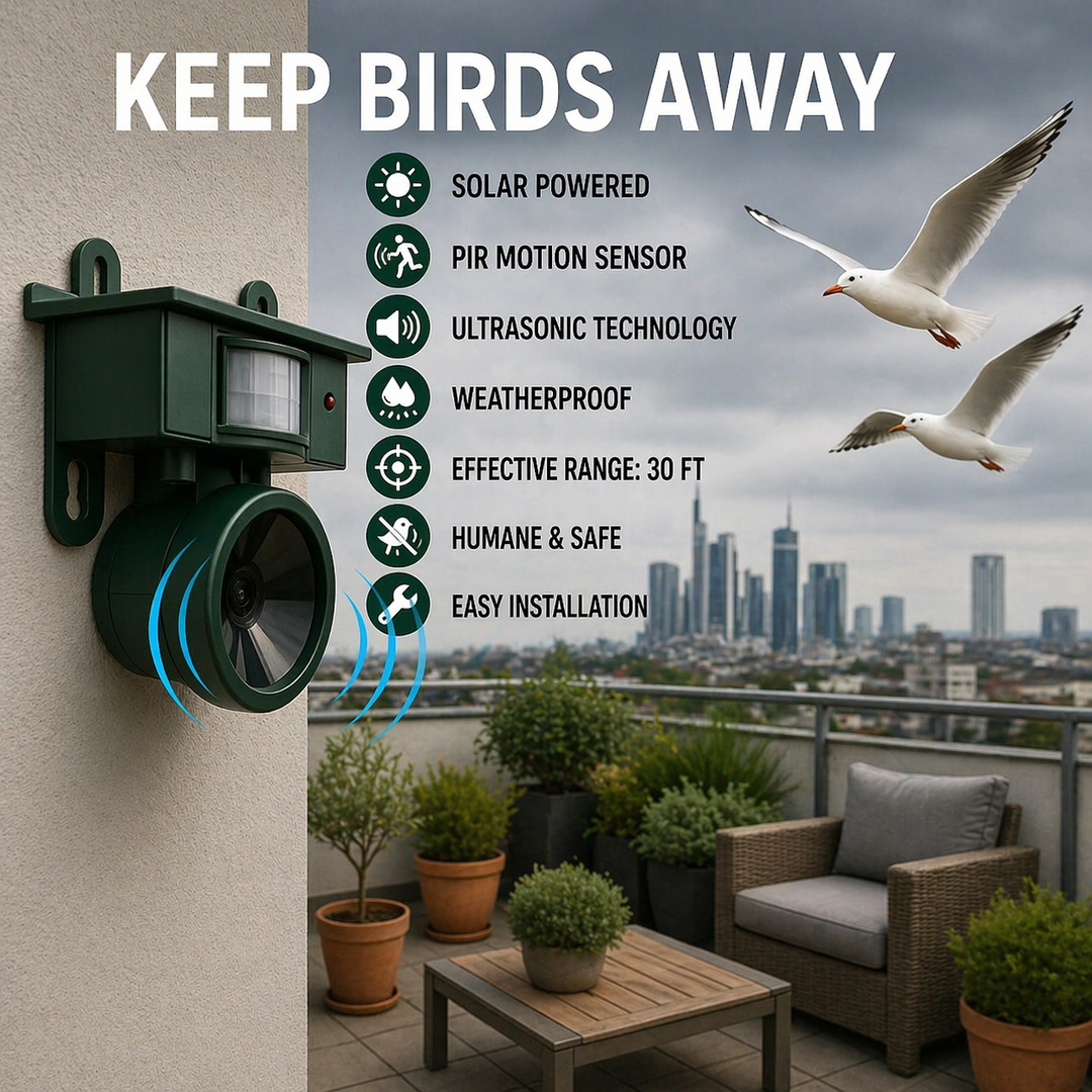Vogelabwehrgerät | Solarbetriebener Sensor | Natürliche Greifvogel-Rufe | Birdfend