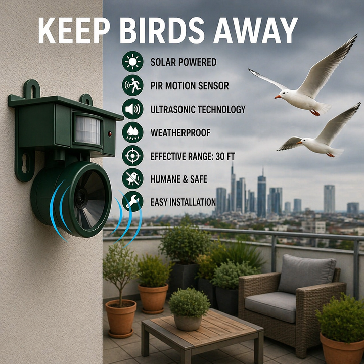 Vogelabwehrgerät | Solarbetriebener Sensor | Natürliche Greifvogel-Rufe | Birdfend