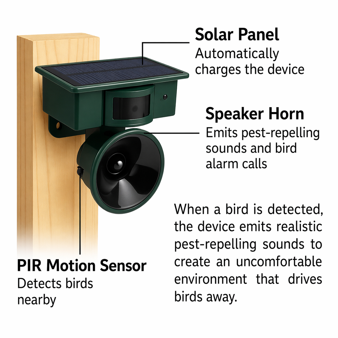 Vogelabwehrgerät | Solarbetriebener Sensor | Natürliche Greifvogel-Rufe | Birdfend