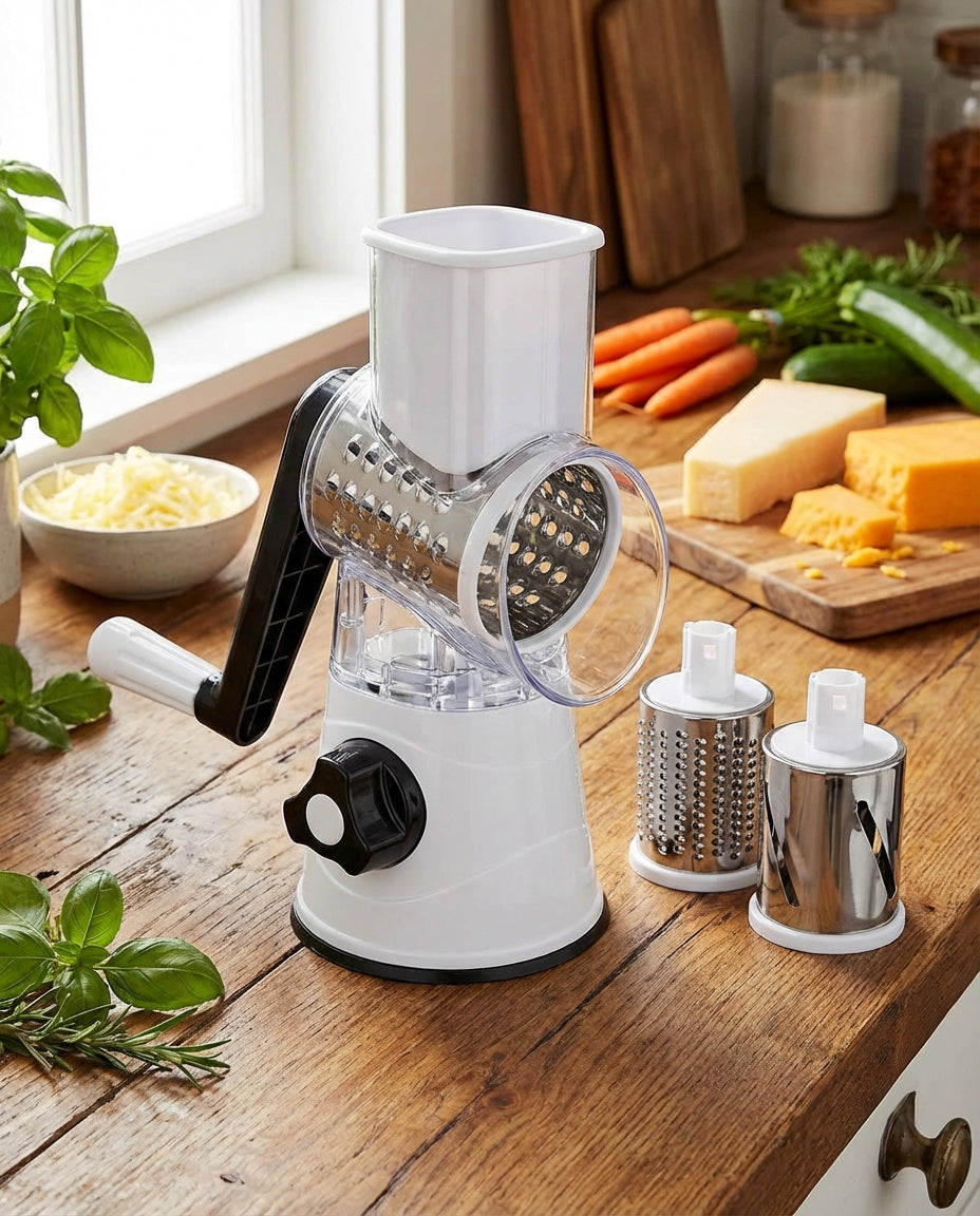 3-in-1 Rotationsgemüseschneider mit Saugfuß und austauschbaren Trommeln