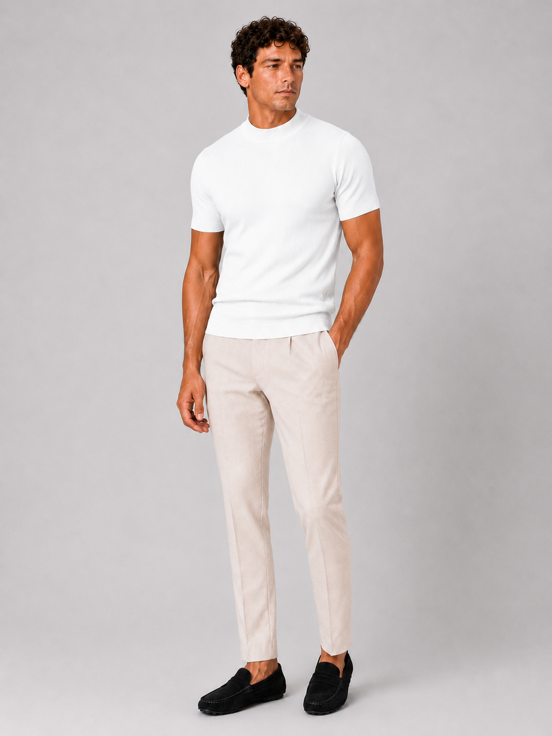 Herren-Ripp-T-Shirt mit Stehkragen – figurbetontes Stretch-Kurzarm-Top