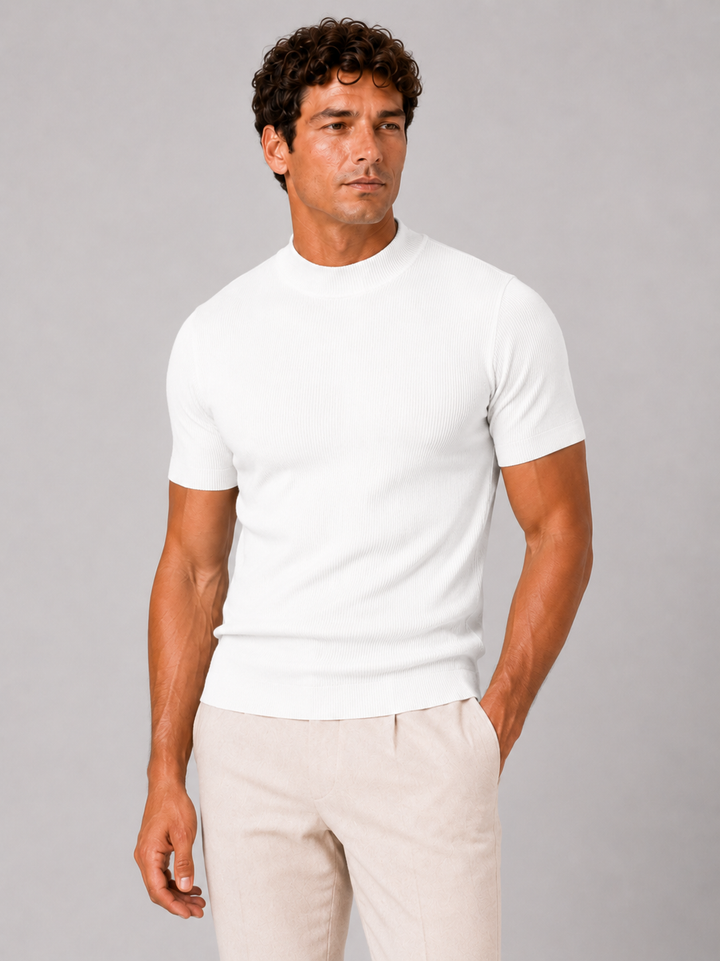 Herren-Ripp-T-Shirt mit Stehkragen – figurbetontes Stretch-Kurzarm-Top