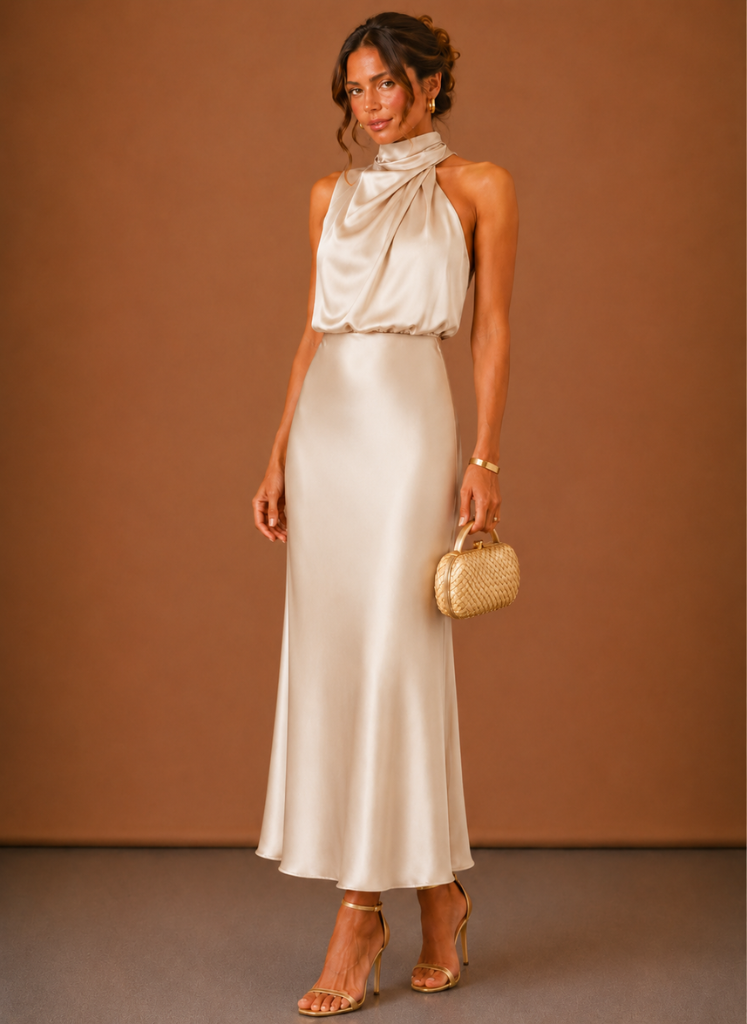Satin-Maxikleid mit Neckholder für Damen – Elegantes Kleid für Hochzeitsgäste