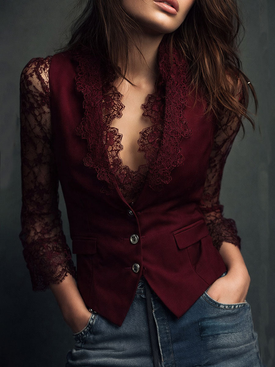 Damen-Blazerbluse mit Spitzenbesatz – elegantes Abendtop
