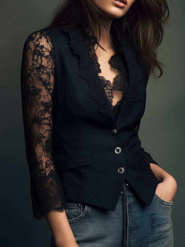 Damen-Blazerbluse mit Spitzenbesatz – elegantes Abendtop