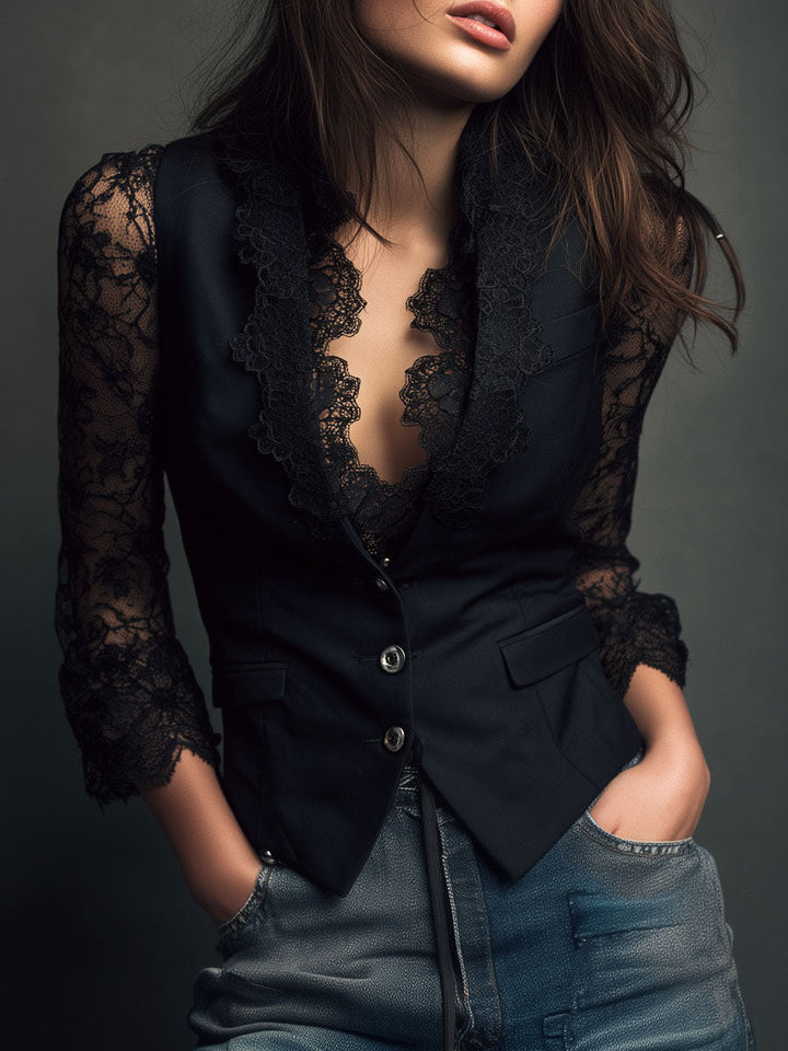 Damen-Blazerbluse mit Spitzenbesatz – elegantes Abendtop