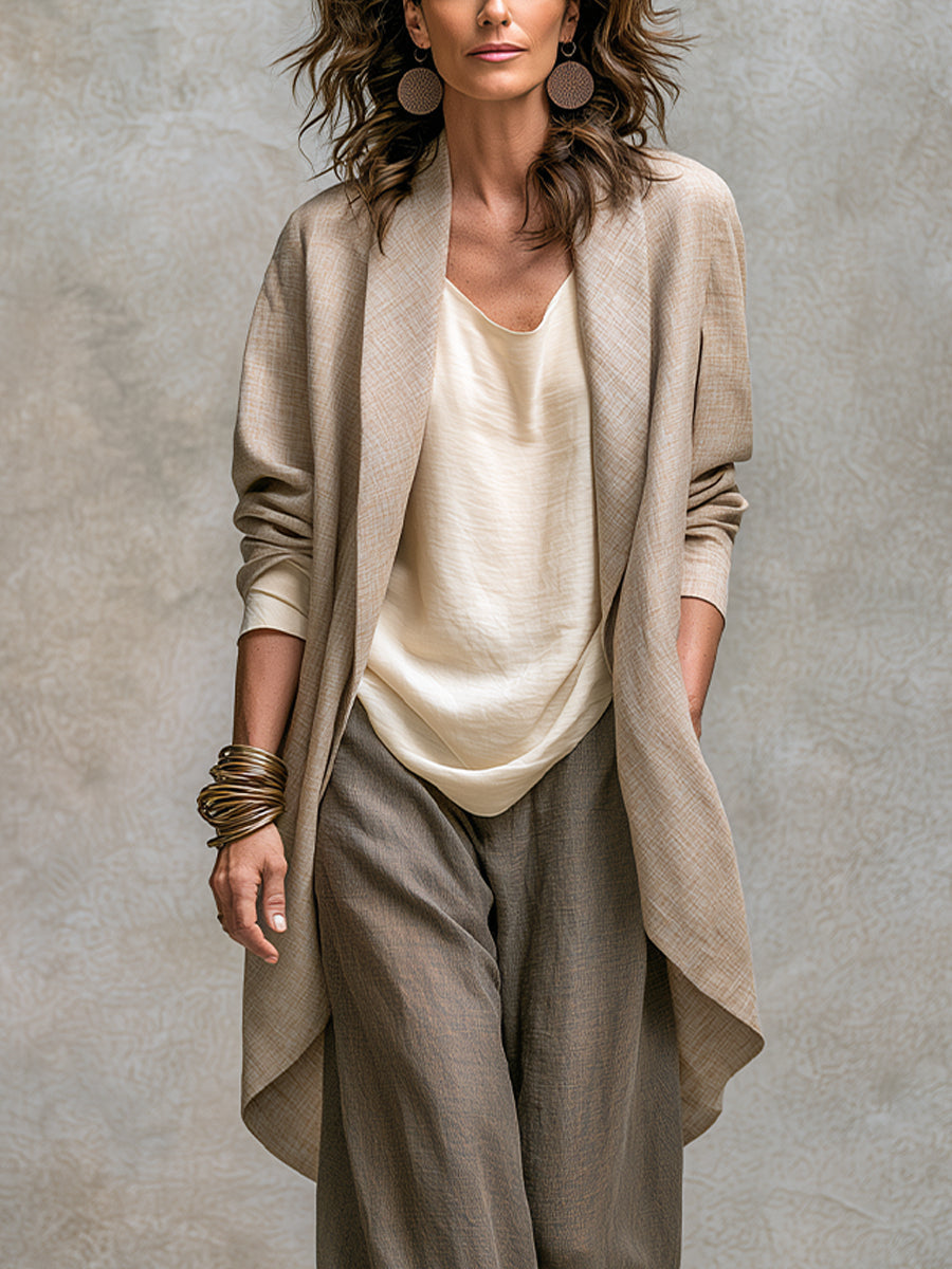 3-teiliges, fließendes Damen-Set mit offenem Cardigan und Hose mit weitem Bein