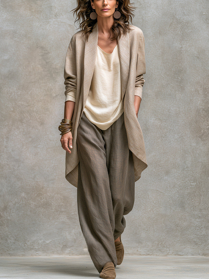 3-teiliges, fließendes Damen-Set mit offenem Cardigan und Hose mit weitem Bein