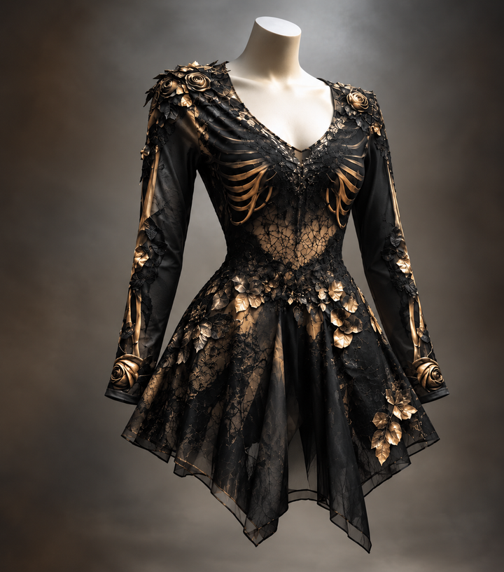 Damen Gothic Langarm V-Ausschnitt Mini-Kleid mit Knochen- und Blumen-Detail