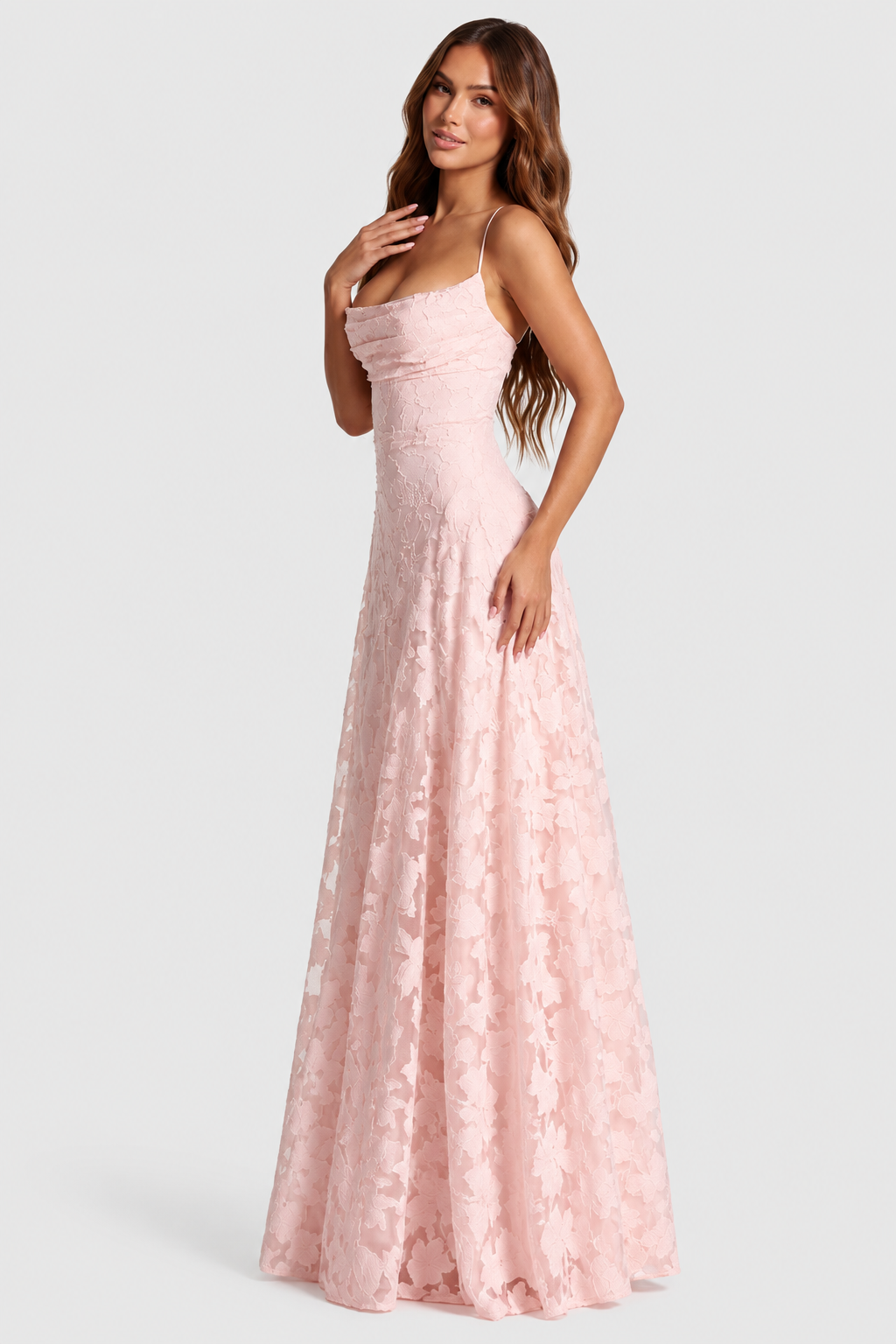 Erhöhtes 3D Blumen-Spitzen A-Linie Midi-Maxi-Kleid mit Drapiertem Ausschnitt