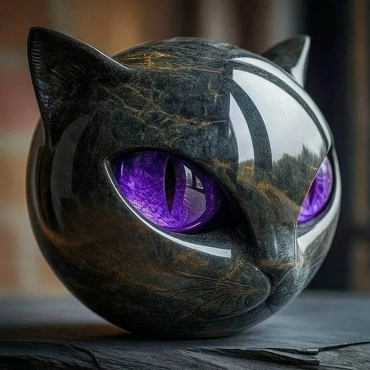 NoirCat Skulptur – Schwarzer Katzenkopf mit Hypnotischen Augen