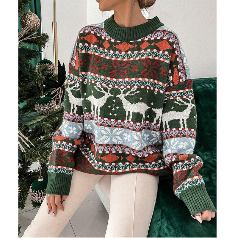 Weihnachtspullover für Damen mit Jacquardmuster und Rundhals, locker geschnitten