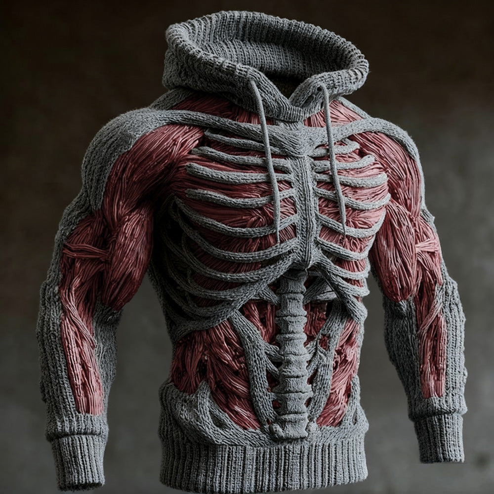 Herren-Halloween-Strickhoodie mit 3D-Skelett-Design, Langarm