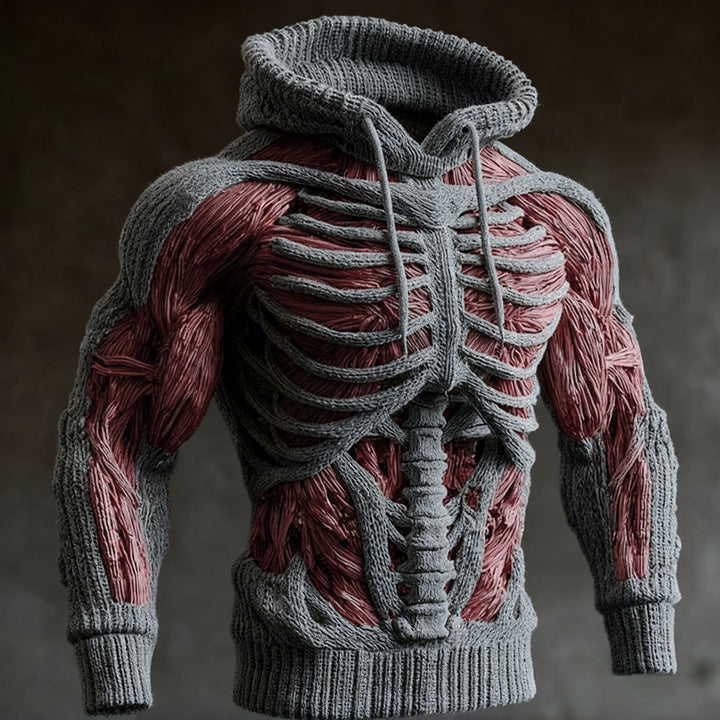 Herren-Halloween-Strickhoodie mit 3D-Skelett-Design, Langarm