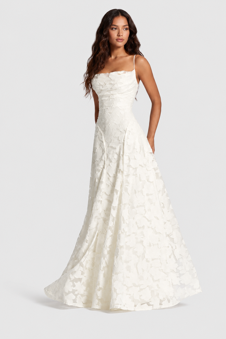 Erhöhtes 3D-Blumen-Spitzen A-Linien Midi-Maxi-Kleid mit drapiertem Ausschnitt